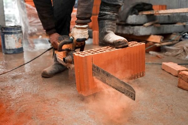 Corte de tijolo em obra com equipamento adequado